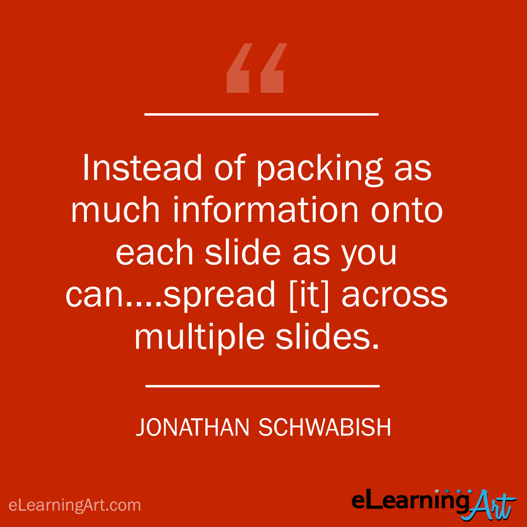 elearning quote - jonathan schwabish: Instead of packing as much information onto each slide as you can….spread [it] across multiple slides.