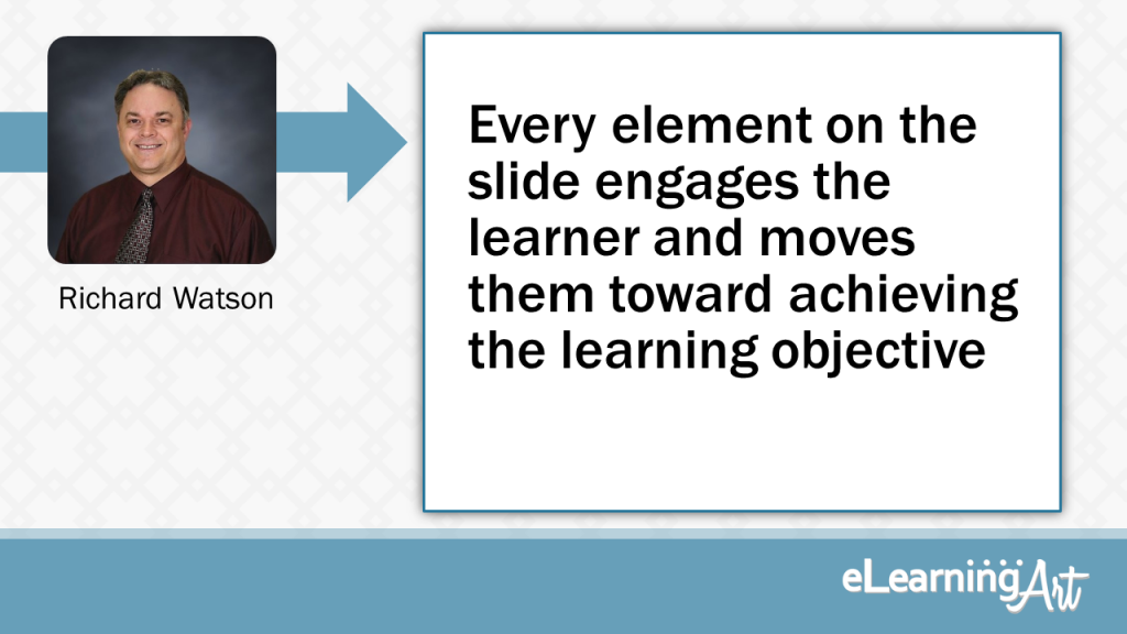 eLearning Slide Design Tip byRichard Watson - Every element on the slide engages the learner and moves them towards achieving the learning objective